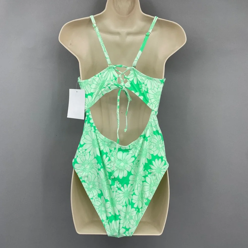 California Sunshine Womens Floral One Piece Swimsuit Lime Green White XL CS22006